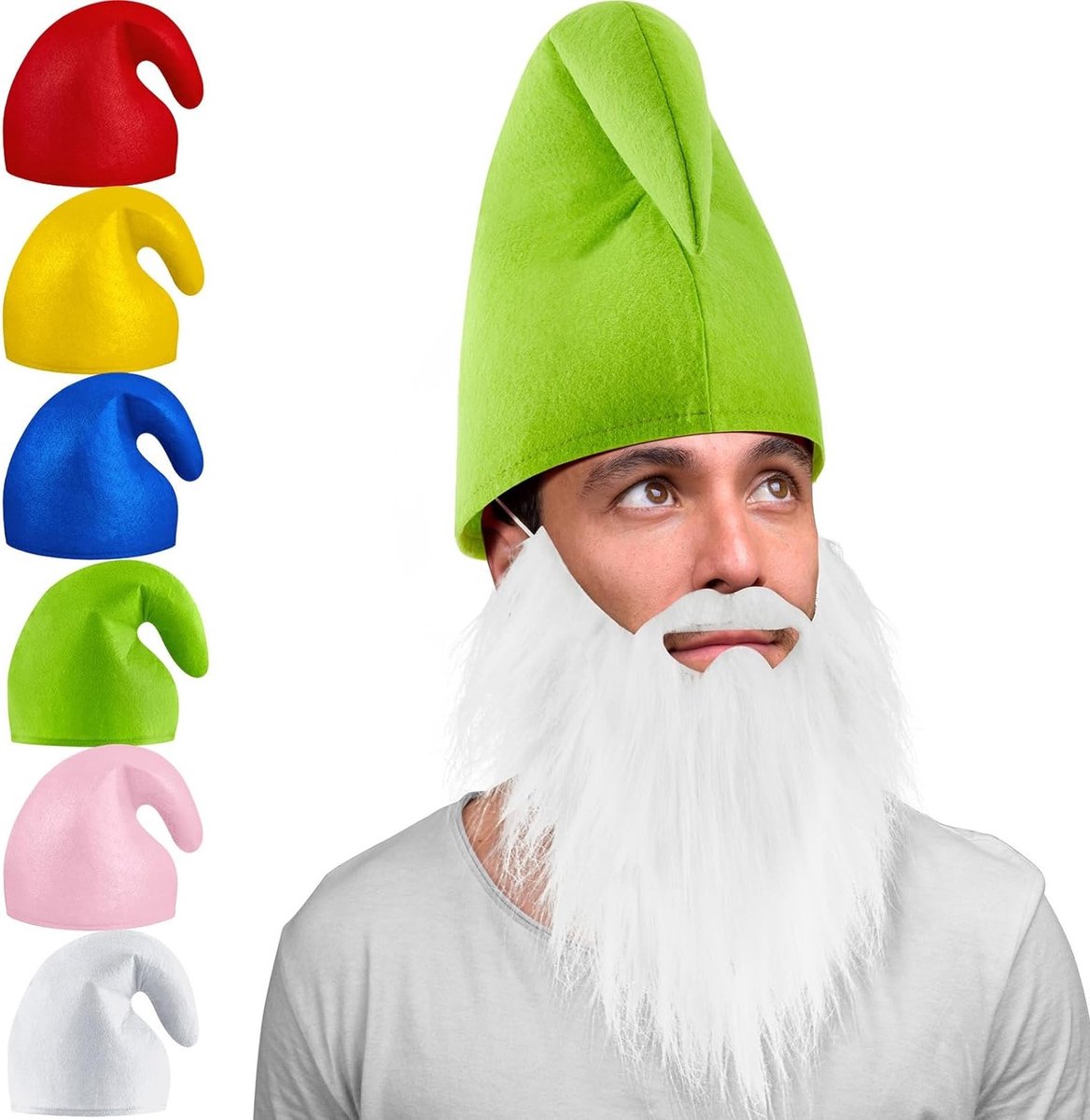 Dwarfs kostuumset met witte hoed voor carnaval, Halloween en verkleedfeestjes - grappige gnome hoed voor volwassenen