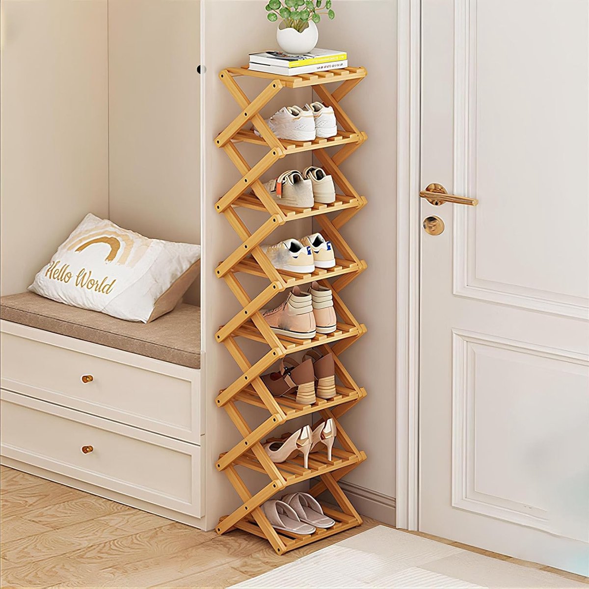Narrow Bamboo Schoenenrek - Vouwbaar Schoenenorganizer voor Kleine Ruimtes, Hal, Slaapkamer en Woonkamer met 8 Lagen