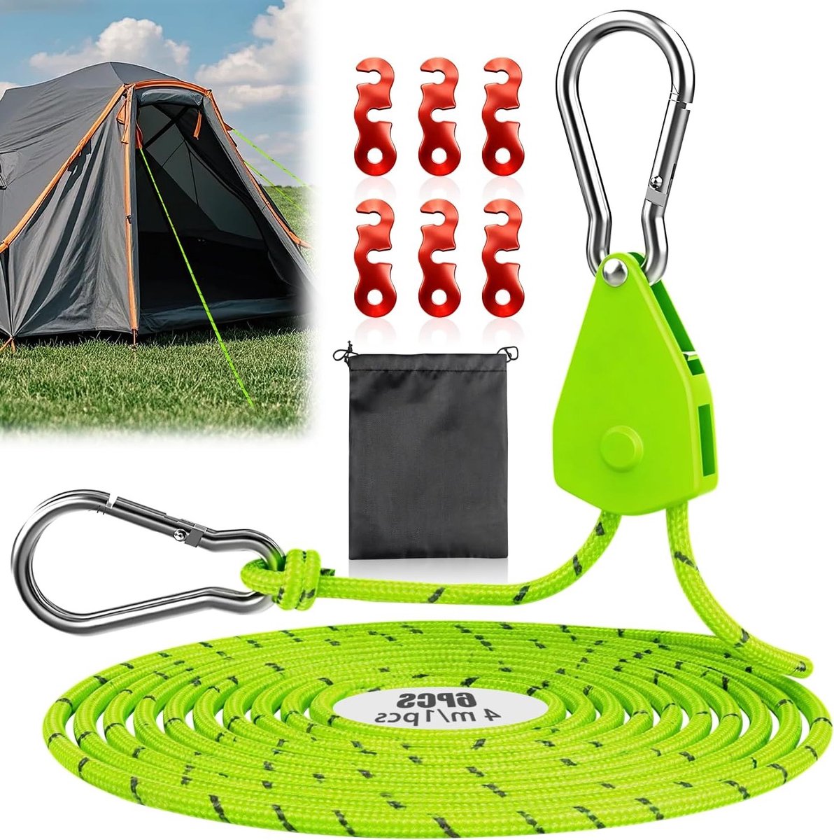 Duurzame Reflecterende Tenttouwen van 4 m met Spanner voor Camping, Strand en Tuin - Set van 6 Stuks