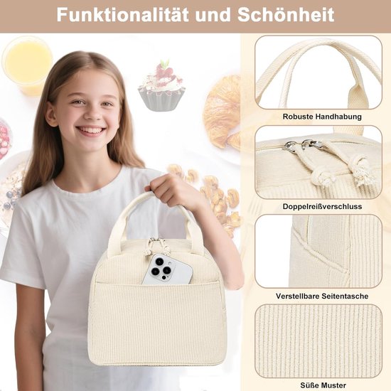 Geïsoleerde Lunchtas voor Vrouwen, Herbruikbare Lunchbox met Rits, Lekvrije Thermische Koeltas, Grote Capaciteit, Beige van KZQ — afbeelding 5