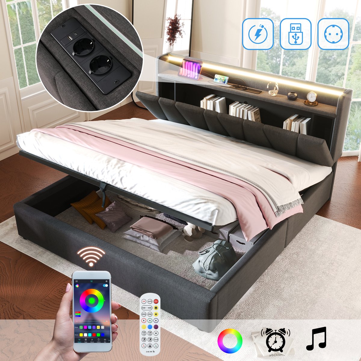 Zubaliya Tweepersoonsbed 140x200 met LED, USB & Opbergruimte - Gestoffeerd Smart Bed met Verstelbaar Kopteinde - Grijs