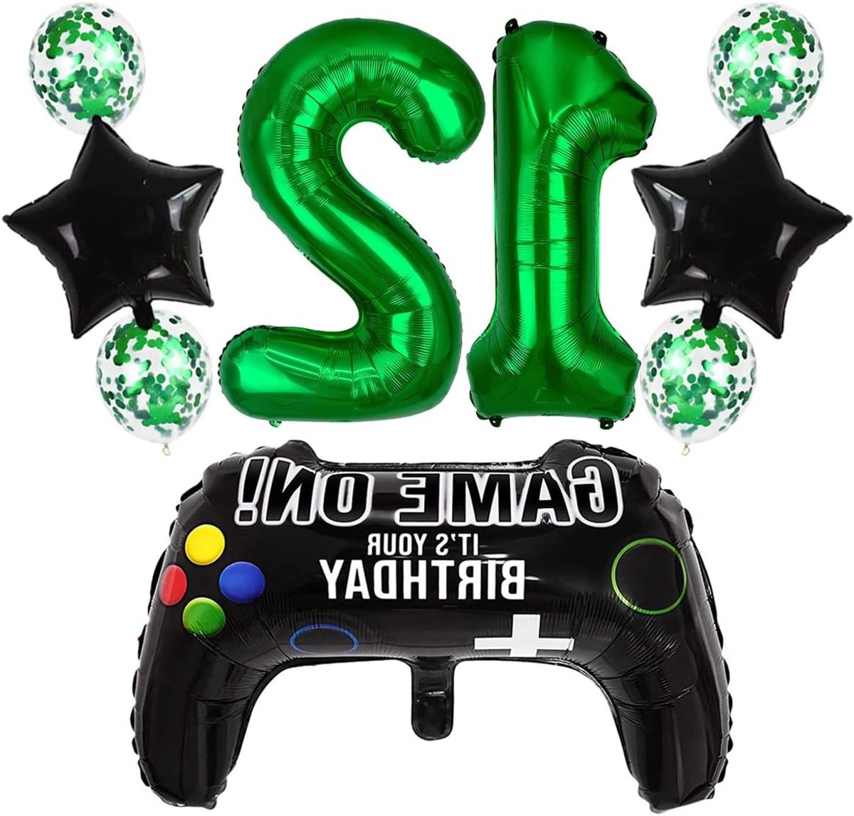 Grote groene gamecontroller en sterballon voor jongensverjaardag 12 jaar - feestdecoratie voor gamers met videospelthema