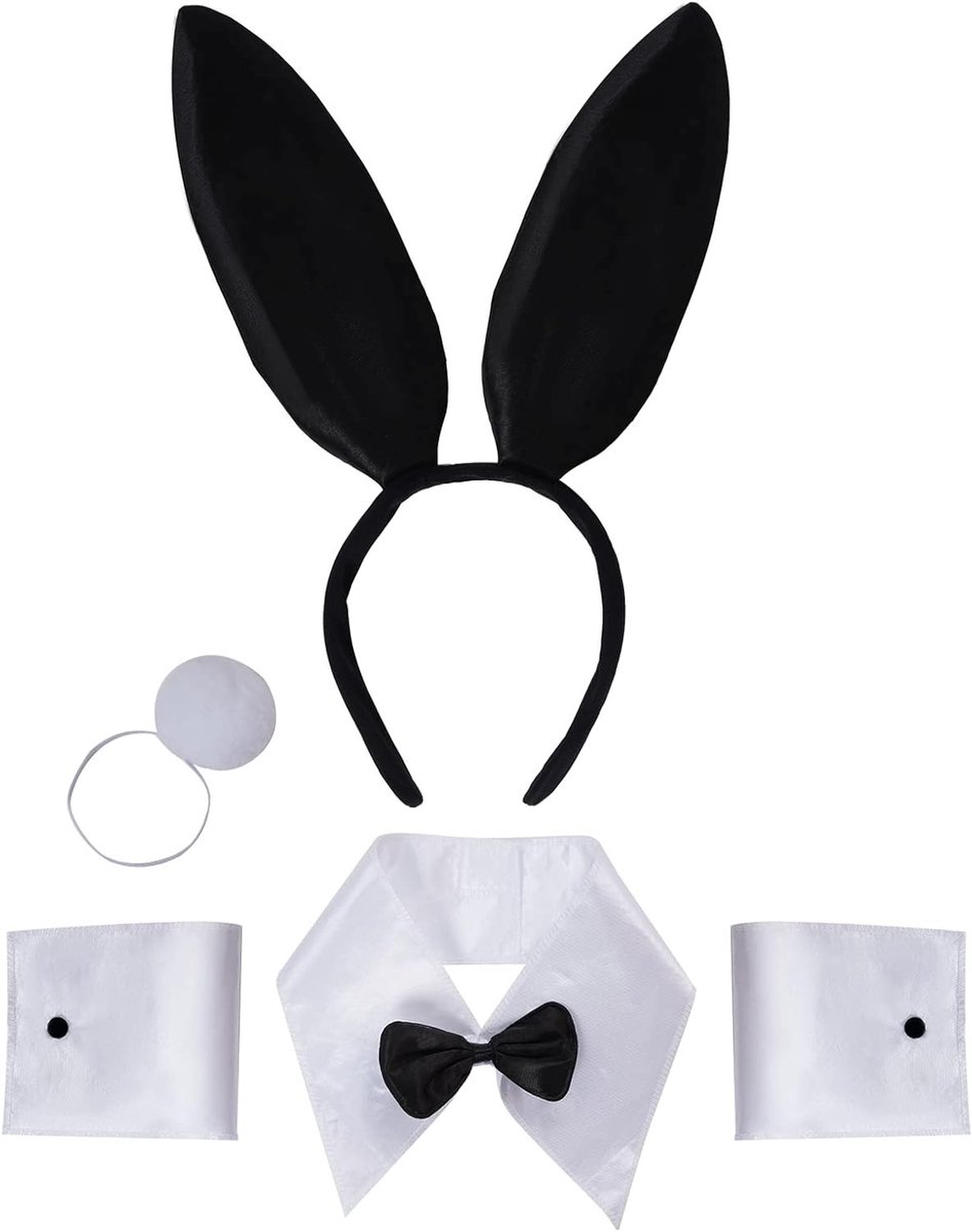 Bunny Kostuum Set met Hare Oren, Hoofdband, Kraag, Strik, Manchet en Staart voor Cosplay en Halloween Feesten
