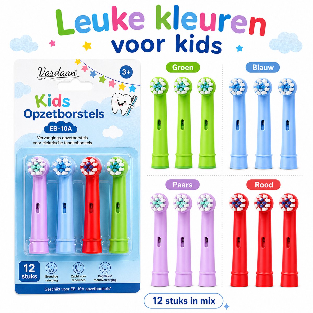 EB-10A Opzetborstels Voor Kids - 12 stuks Vardaan Opzetborstel Voor Elektrische Tandenborstels - Oral-B - Voor Kleine Tandjes - Zachte Borstelharen - Oral-B - Voor Elektrische Tandenborstel - Mondhygiëne - Junior - 12x