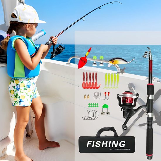 Lichtgewicht kindervisset, telescopische hengel- en molencombo's met volledige kits aaskoffer en draagtas, 150CM camouflagevisset voor beginners en jeugdvissen (Rood) — afbeelding 3
