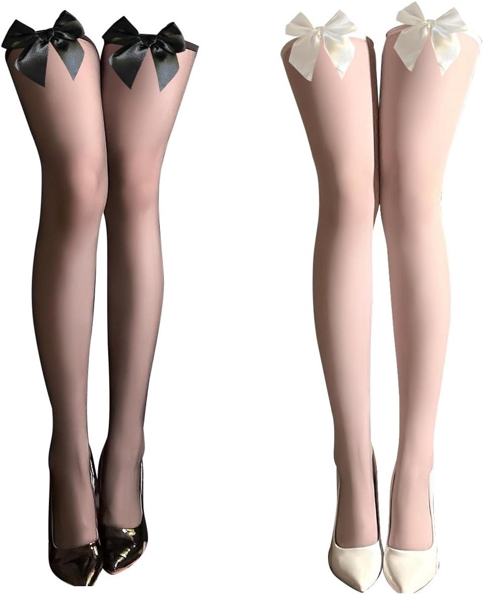 Stijlvolle Overknee Sokjes voor Dames, 2 Paar in Zwart en Wit met Strik, Perfect voor Carnaval en Cosplay, Sexy Kostuums en Feestoutfits