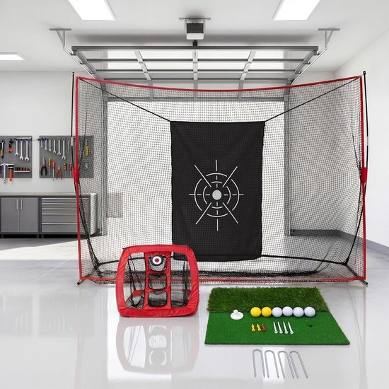 Golfnet Set 304*213*91cm, Golf Oefennet met Mat & Doel, Draagbaar Golf Hitting Net voor Binnen & Buiten, Robust Golf Trainingsnet voor Tuin, Garage & Achtertuin, Rood+Zwart — afbeelding 4