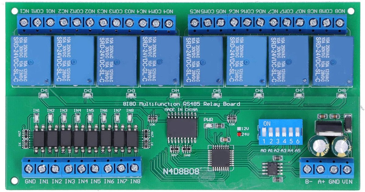 Dailygoody - Relay Module met 8 Ingangen en 8 Uitgangen - RS485 DIN35 - 24V - 6 Werkmodi