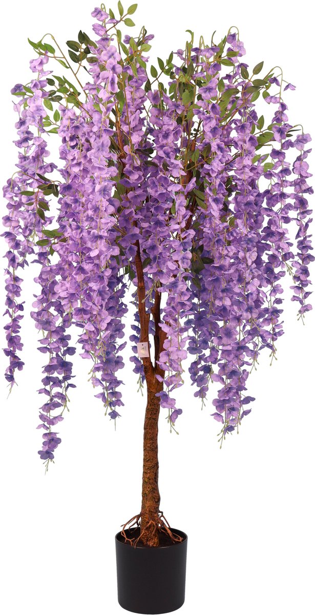 Kunstpalm Kunst Wisteria Bloemboom Deluxe | Paars – 150cm – Zijde Blauwe regen Kunstplant – Tropische Kunstplant met Bloemen – Extra Vol Lila