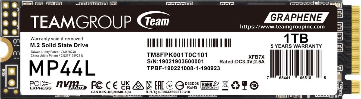 Team MP44L 1TB - SSD M.2 2280 - PCI Express 4.0 x4 - 1 TB - NVMe - 3d v-nand (TLC) - 600TB - zwart, wit