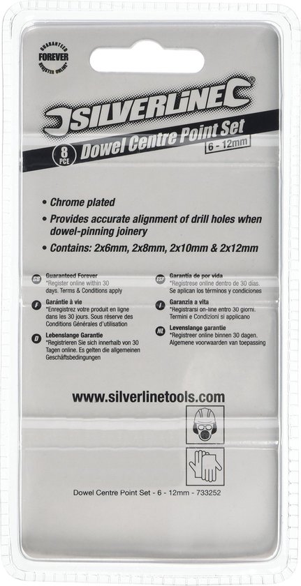 Verpakking met 8 zilverkleurige centerpennen, 6-12mm. Met "Guaranteed Forever" logo.