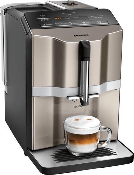 Siemens EQ.300 TI353204RW espressomachine met een kopje cappuccino
