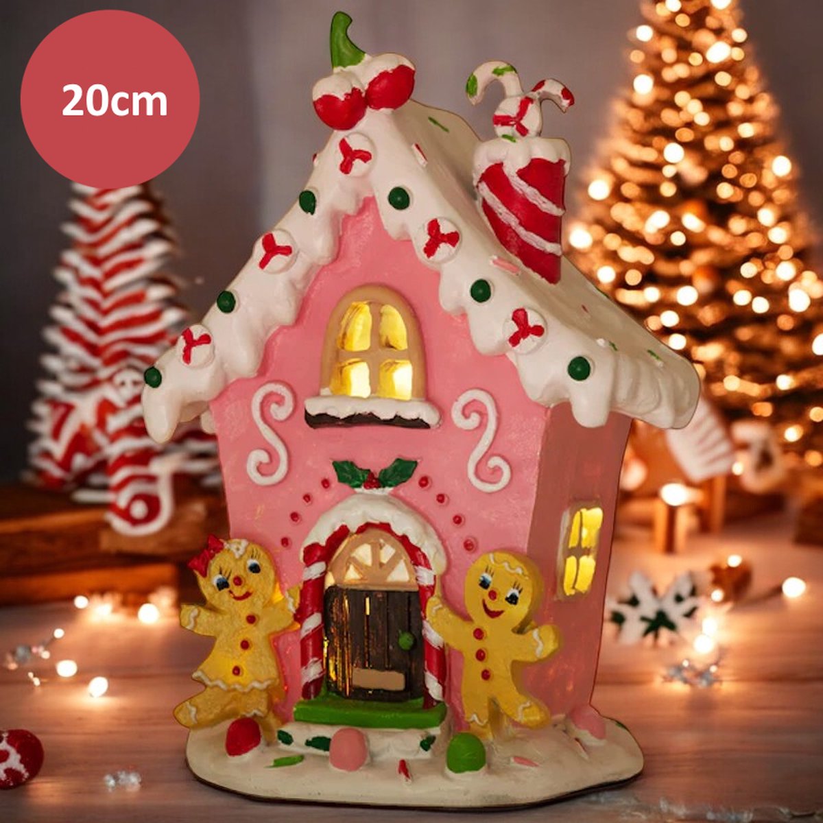 LED Peperkoekhuis met suikerwerk 20x14 cm - Roze - Kerst