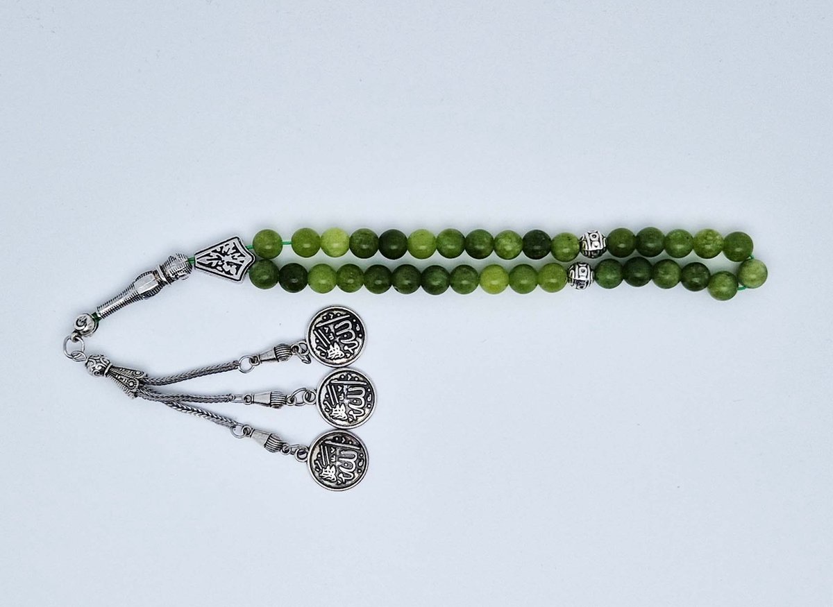Handgemaakte tesbih "tasbih" natuursteen " Kraal Koreaanse jade" - Aantal kralen 33 - Diameter kralen 8 MM - met metaal tassel "model 10" - Een mooi cadeau-idee