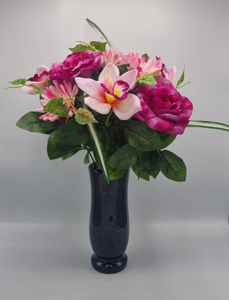 Boeket, U514-m1/3, Roos, Gerbera, Orchidee, 45cm, Paars, 11 bloemen, Grafdecoratie, Zijdenbloemen, Kunstbloemen