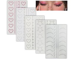Plak diamantjes, 5 sets - Zelfklevende glitter steentjes - Festival stickers voor lichaam en gezicht - Rhinestone face jewels - Sterren , manen & harten strass - Wit & roze