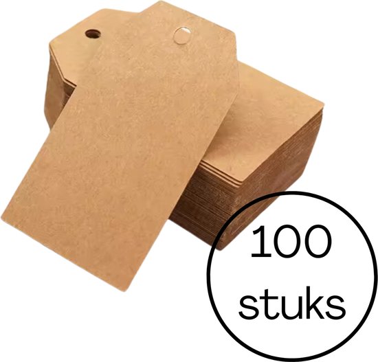 Set van 100 labels bruin - 8x4 cm. - stevig karton - prijslabels - met gaatje - cadeaulabels - winkels
