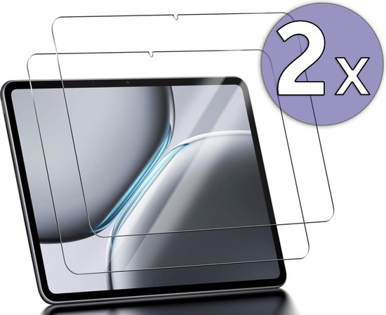 Twee transparante screenprotectors voor een tablet, met een "2x" icoon in een paarse cirkel.