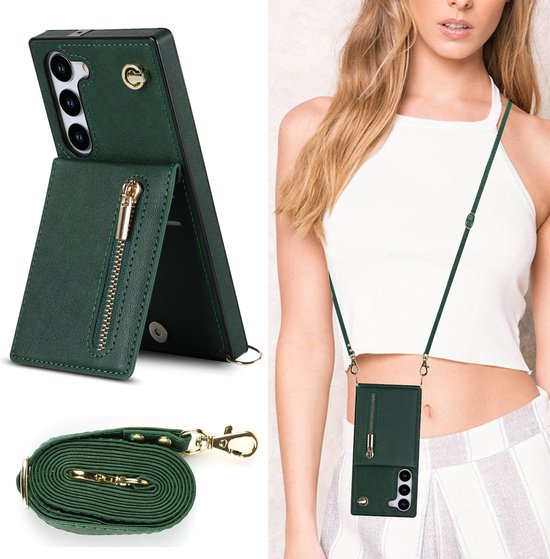 Étui de téléphone vert foncé avec fermeture éclair, avec fonction de support, sangle pliée et porté en bandoulière par un mannequin.