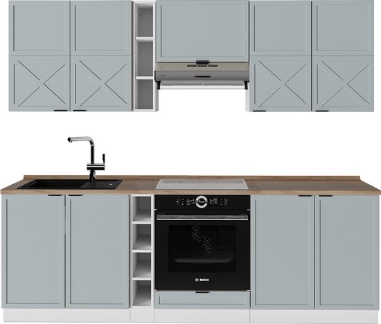Vicco Fame-Line Complet unité de cuisine – 235 cm, WB Chêne Bleu clair-gris/blanc