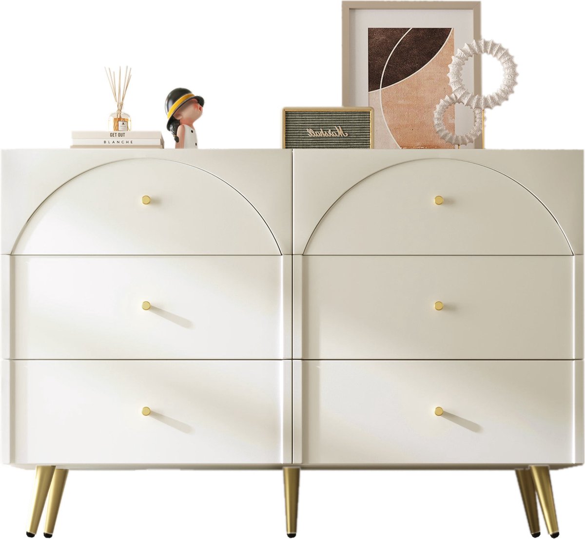 Merax Ladekast met 6 Schuiflades – Dressoir 120x40x85 cm – Crème Wit – Opbergkast – Houten Kast met Verstelbare Poten