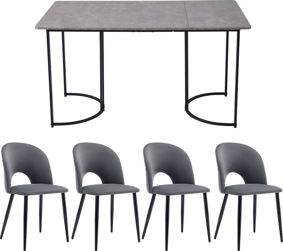 Merax Eettafel Set van 5 - 140x80 cm Eettafel met 4 Eetkamerstoelen - Modern Keukentafel Set - Grijze Fluwelen Stoelen met Ruitenpatroon - Verstelbare Stijlvolle Stoelpoten - MDF Tafelblad in Grijs - Zwarte Tafelpoten