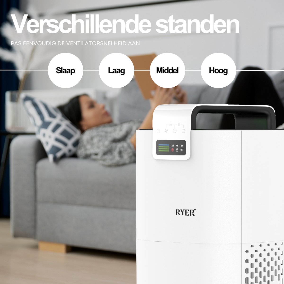 RYER Luchtreiniger XL - HEPA 13 filter + Koolstoffilter - CADR 350 m3/u - Helpt bij hooikoorts, allergieën, huisstofmijt en stof - Luchtkwaliteitsindicator - Slaapstand - Met App thumbnail 5