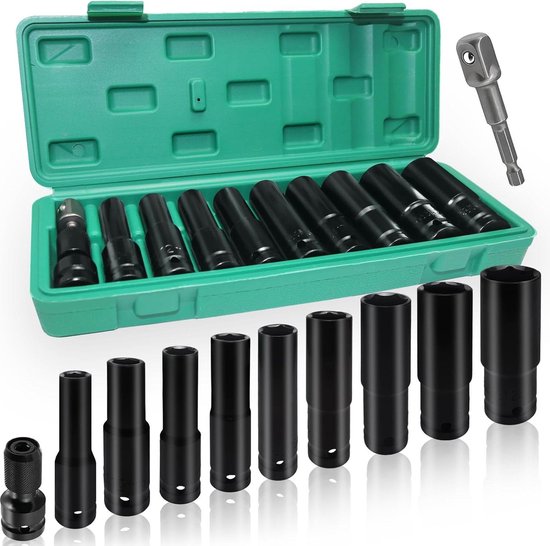 11 stuks slagmoerdoppen 1/2 inch, dopsleutelset 1/2, dopsleutelset, 10