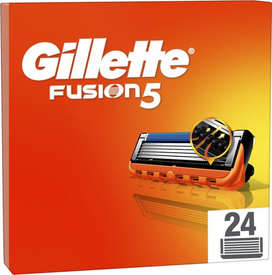 Doos met 24 Gillette Fusion 5 navulmesjes, met oranje en gele achtergrond.