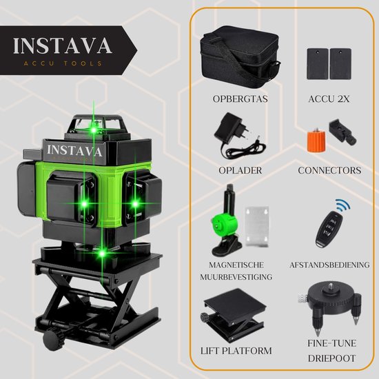 Groene laser waterpas op lift platform, met diverse accessoires.