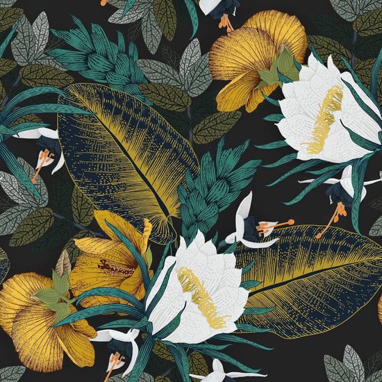 bloemen behang met gemengde bladeren - patroonbehang blauw groen geel