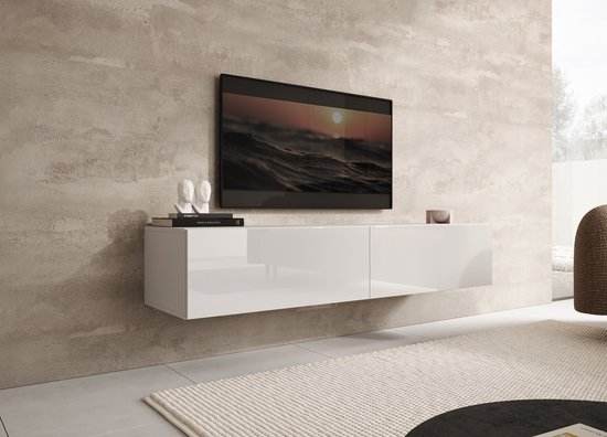 Zwevend wit tv-meubel met twee deuren, boven een beige muur.