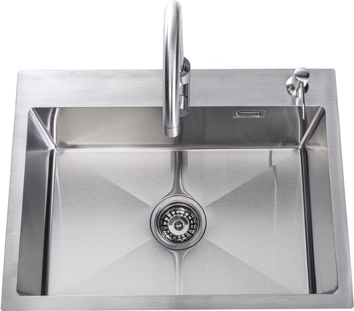 Lendo Online Spoelbak voor keuken met keukenkraan en zeepdispenser 590x440x200mm (59x44x20cm) RVS - Roestvrij staal - Wasbak met waterafvoersysteem - Gootsteen + bevestigingshaken Binnenmaat: 54x35cm