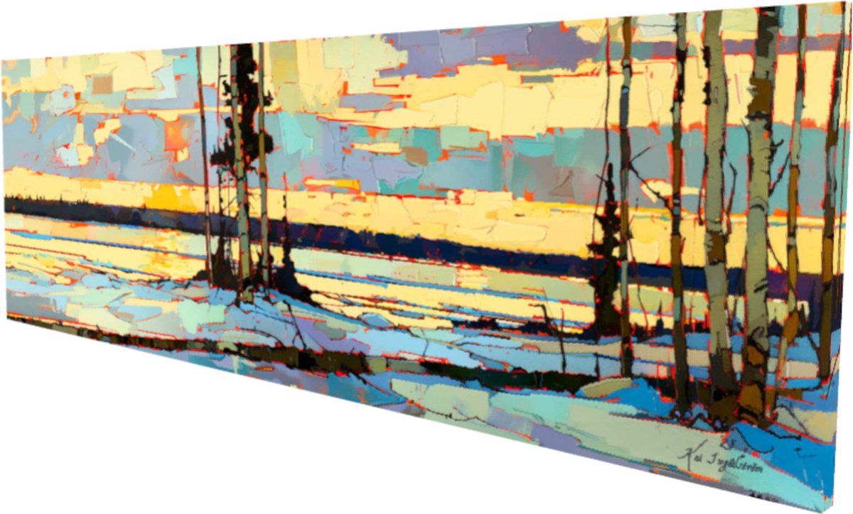 Kai Ingåilström - Natuur Sneeuw Landschap Bomen & Rivier Kunst "Het Noorden" Panorama Schilderij No. 62 - Fine Art Print op Canvas 90x30 cm