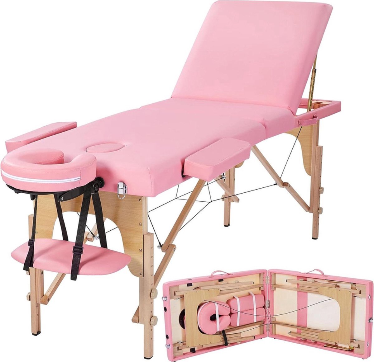 Goedkoopste Hoogte verstelbare massagetafel met 3 massagezones - incl. hoofdsteun en afneembare armleuningen - lichtroze massage matras