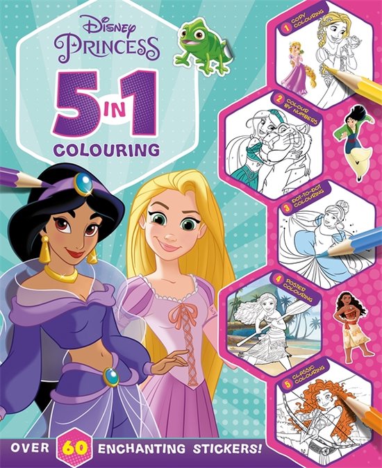 Voorpagina van een Disney Princess 5 in 1 kleurboek met Jasmine en Rapunzel. Bevat stickers, kopieerkleurplaten, nummerkleurplaten en meer.