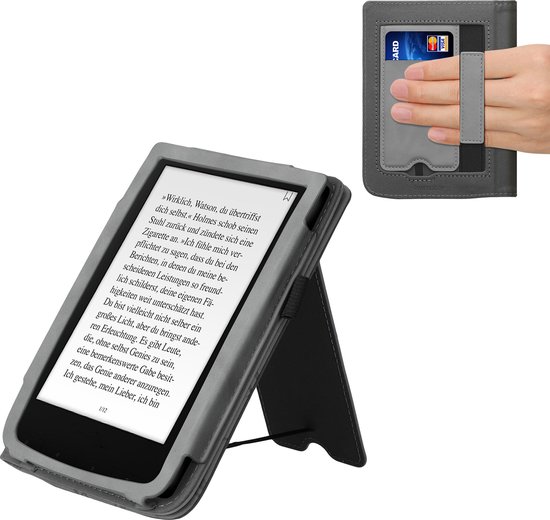 Kwmobile E-reader Cover – Voor PocketBook Touch Lux 4/5/HD 3/Color (2020) – Kunstleer Met Standaard En Handgreep – Zwart/lichtgrijs