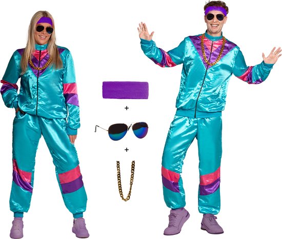 Fout Trainingspak 5-Delig Jas/Broek/Hoofdband/Ketting/Bril Jaren 80 & 90 Kostuum Disco Foute Party Outfit Dames en Heren Retro Verkleedkleding Carnavalskleding Heren Carnavalskleding Dames - Polyester - Blauw - Maat XL