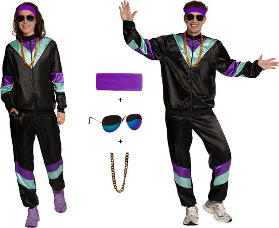 Fout Trainingspak 5-Delig Jas/Broek/Hoofdband/Ketting/Bril Jaren 80 & 90 Kostuum Disco Foute Party Outfit Dames en Heren Retro Verkleedkleding Carnavalskleding Heren Carnavalskleding Dames - Polyester - Zwart - Maat L