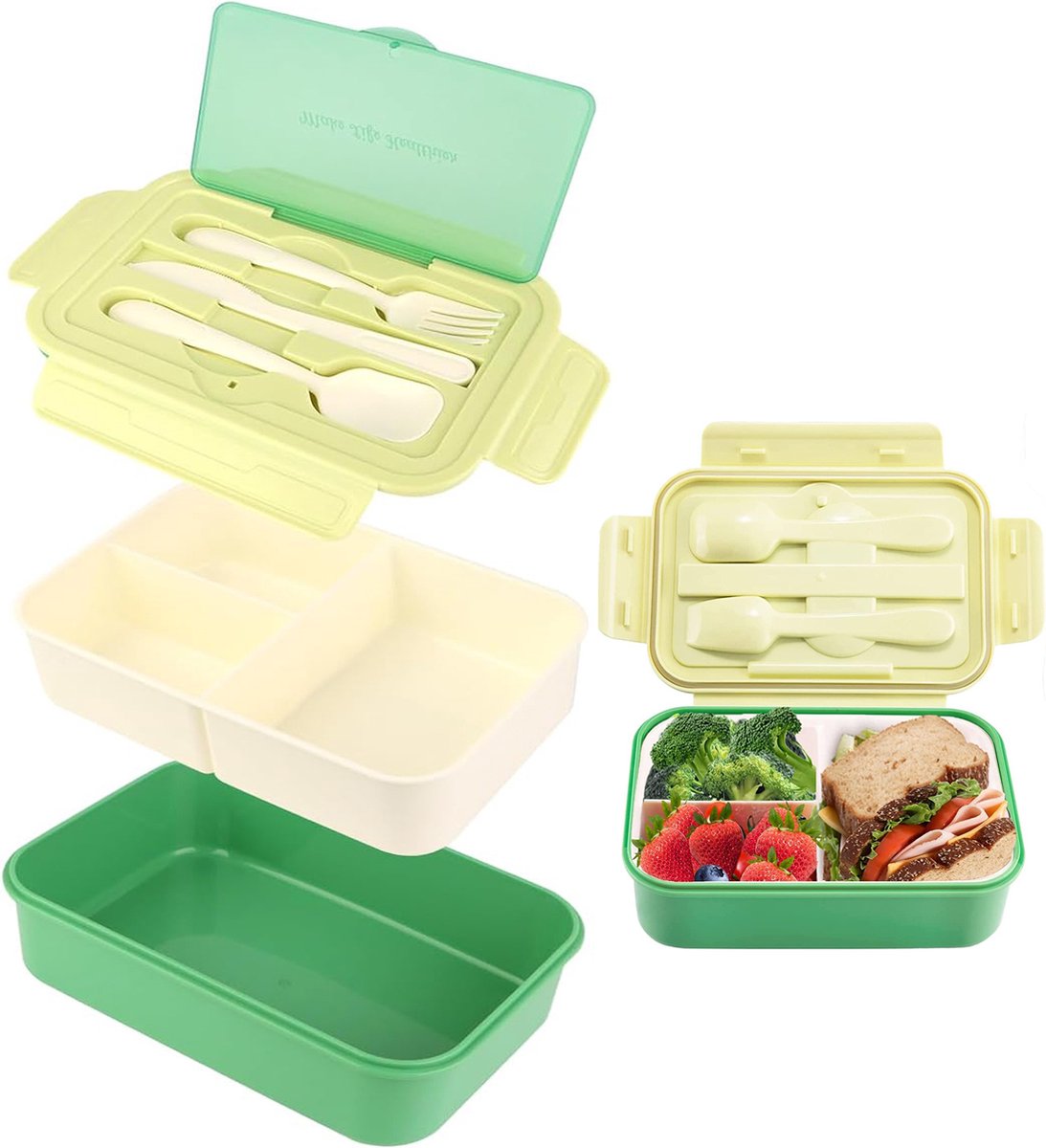 Crrynuo Lunchbox - Broodtrommel - Bento-doos - 3 compartimenten - Green