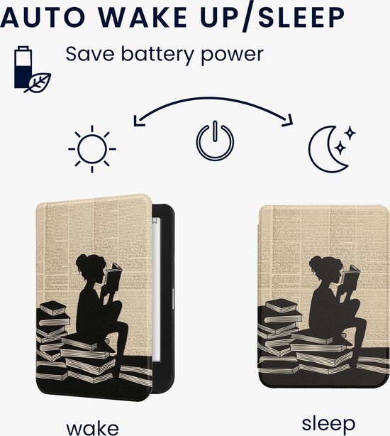 kwmobile e-reader hoesje geschikt voor Kobo Clara BW / Colour hoes - E reader flip case met magnetische sluiting - Ereader cover - Meisje met boeken design in zwart / beige van Merkloos — afbeelding 4