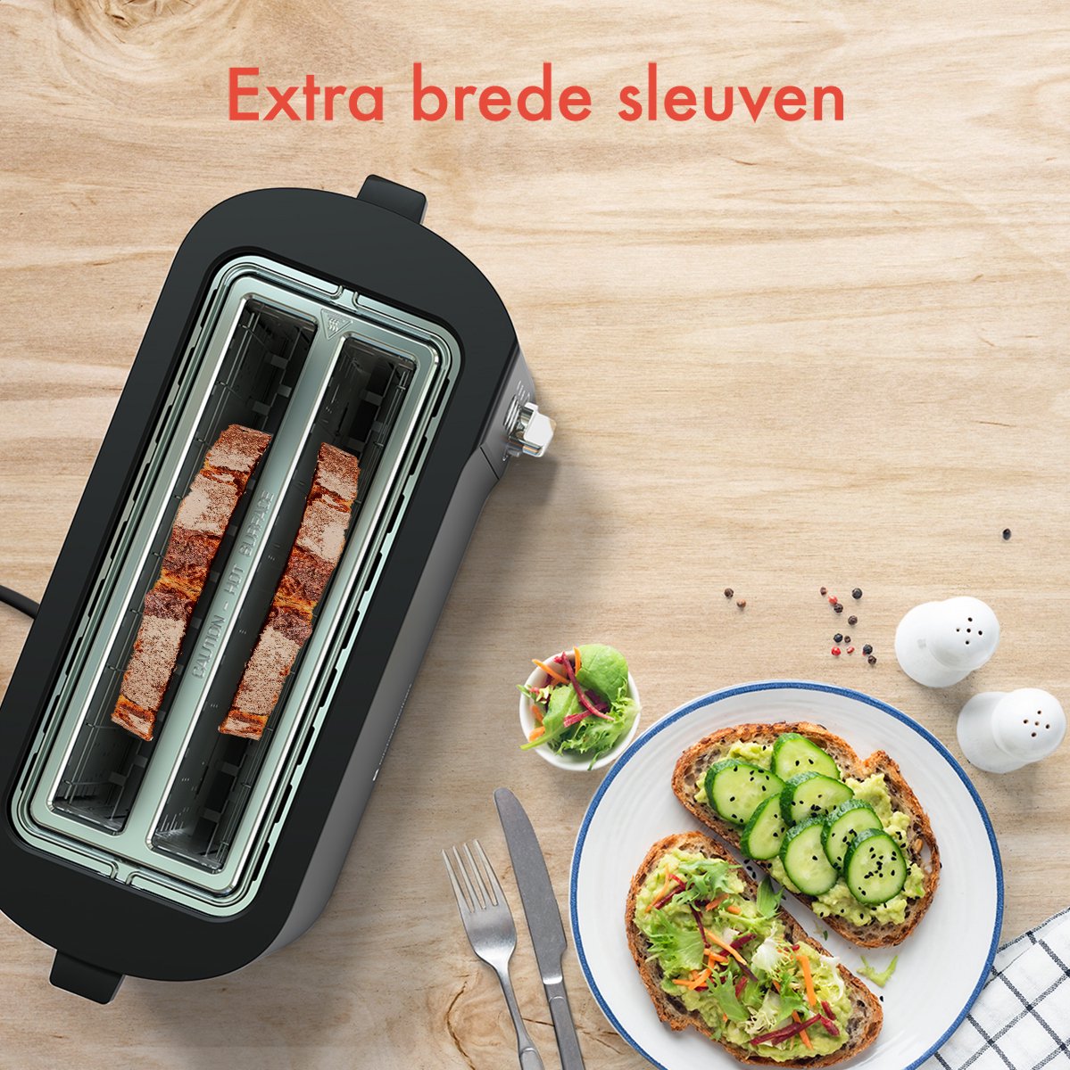 KitchenBrothers Broodrooster - Toaster - 6 Warmteniveaus - 2 Extra Lange Sleuven - BPA-vrij - 1520W - Zwart thumbnail 5