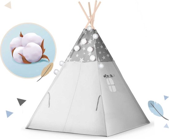 Tipi-tent voor kinderen met slinger en Nukido-lampjes - grijs met sterren van Nukido — afbeelding 2