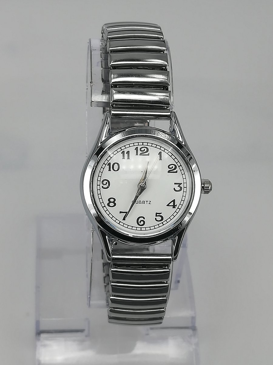 Dameshorloge - Rekband - Klassiek - Ø 30mm - L 17 cm - Zilverkleurig - Witte duidelijke wijzerplaat - past bijna elke pols.