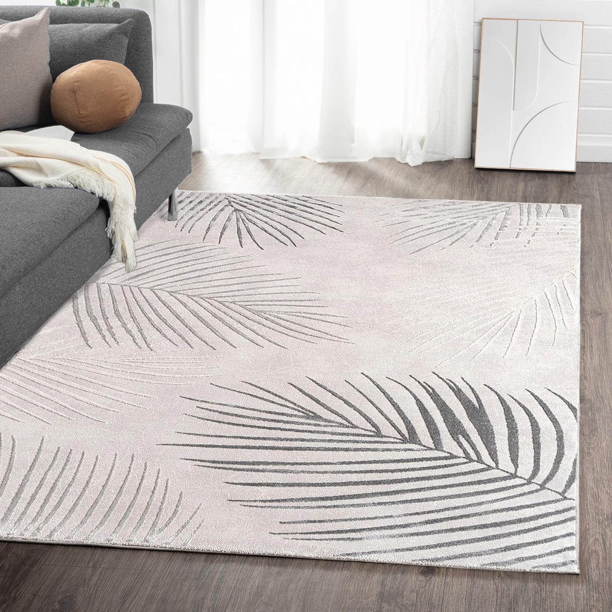 Flycarpets Evora Leaves Modern Vloerkleed Grijs – Laagpolig Tapijt Woonkamer – 120x160 cm