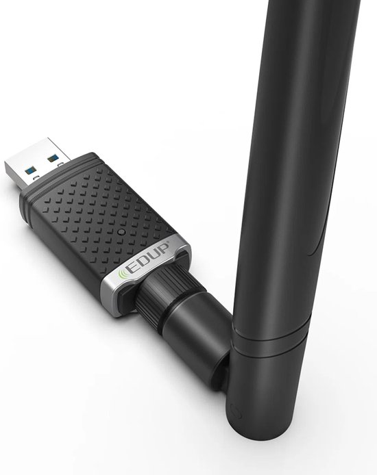 Gedetailleerde weergave van de zwarte USB wifi-adapter met EDUP-logo en een scharnierende antenne.