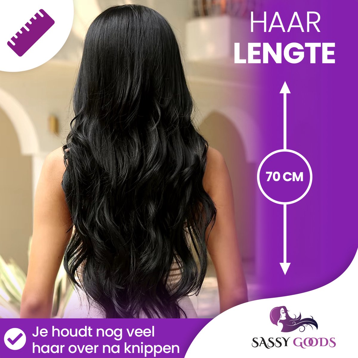 SassyGoods Zwarte Pruik - Pruiken Dames Lang Haar - Wig - Golvend Haar - Haren Vrouwen - Verstelbaar - Wasbaar - Zwart — afbeelding 3