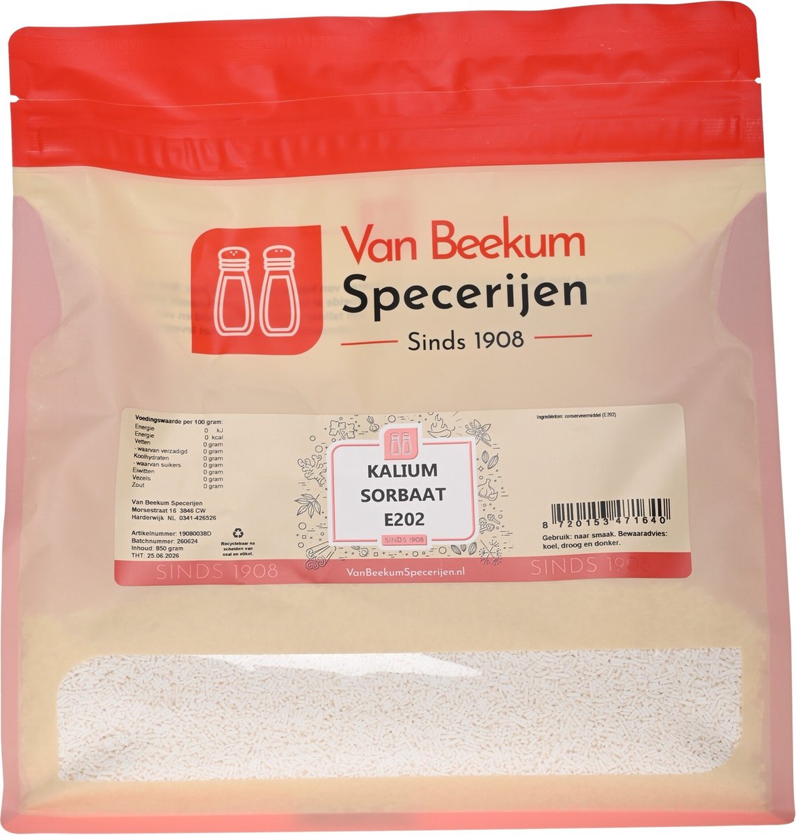 Goedkoopste Van Beekum Specerijen - Kalium Sorbaat E202 - 850 gram (hersluitbare stazak