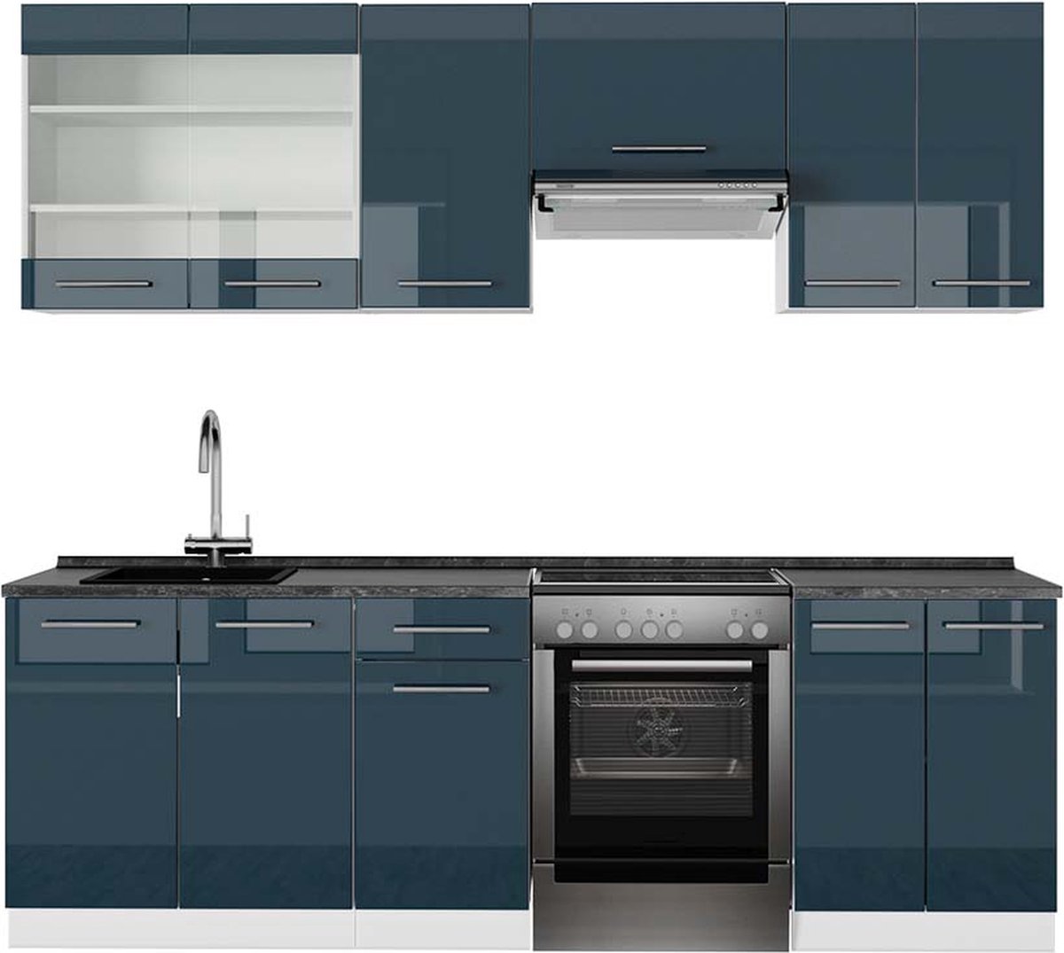 Vicco Fame-Line Complete keukeneenheid – 240 cm, WB Antraciet Donkerblauw hoogglans/wit