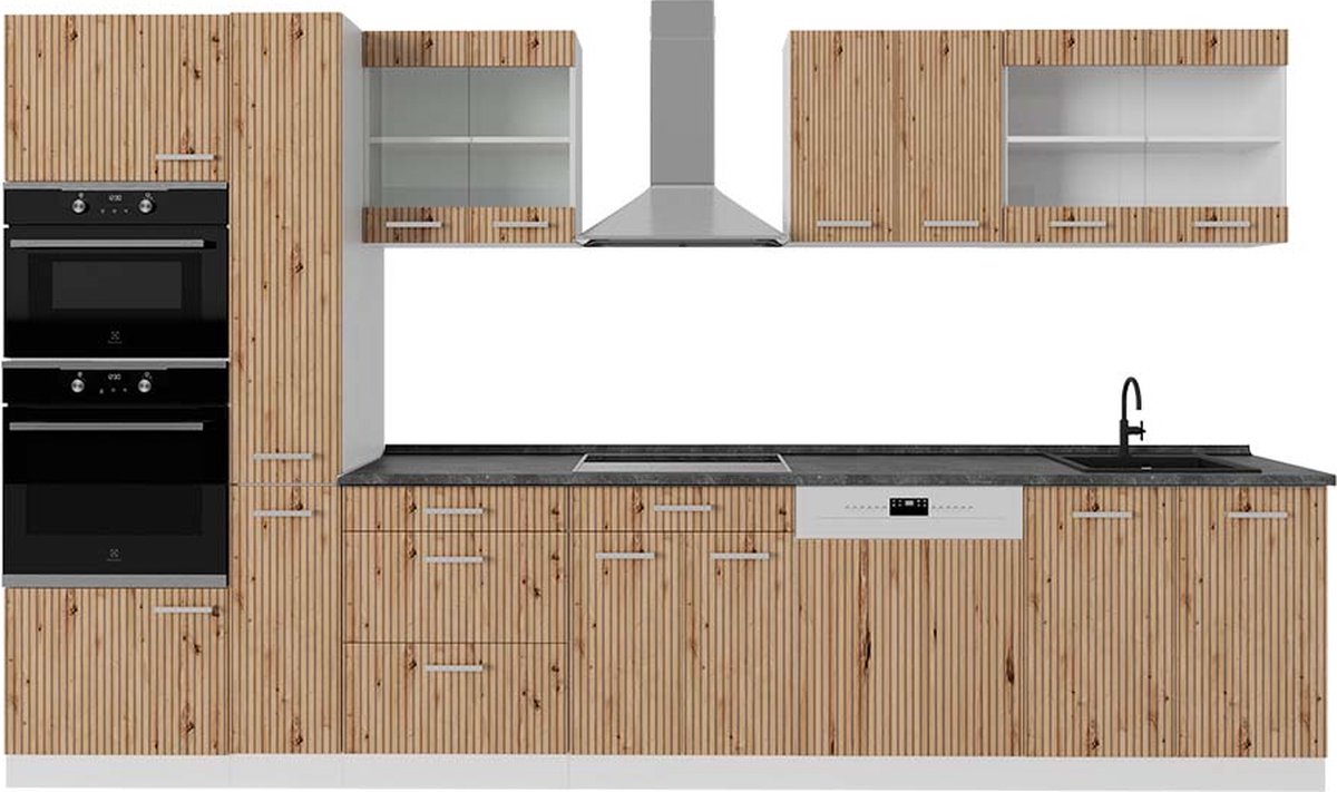 Vicco R-Line Keukenblok – 350 cm met hoge kast, WB Antraciet Artisanaal eiken/wit
